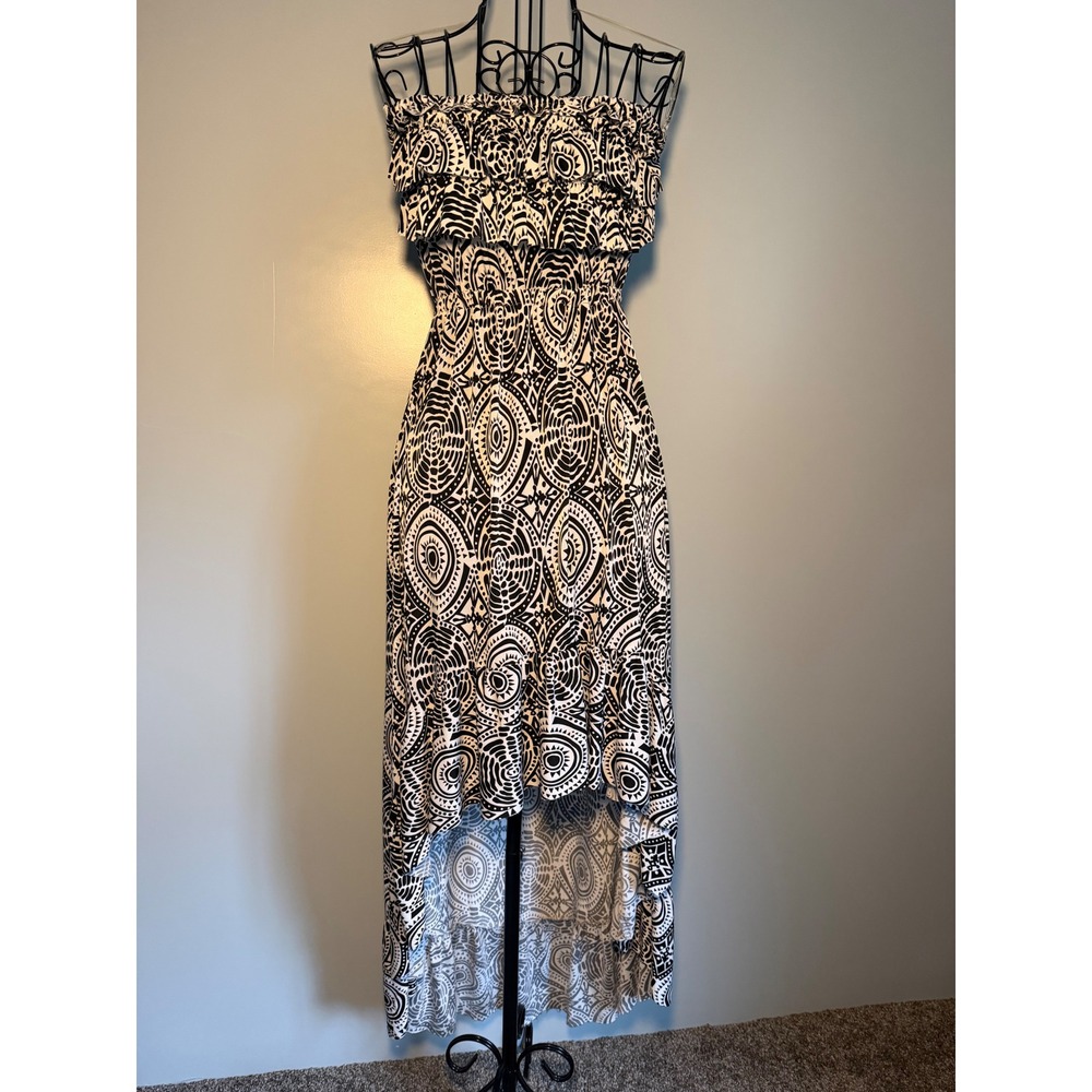 5th & Love Strapless High Low Maxi Dress Black White Geometric Ruffle Waist M